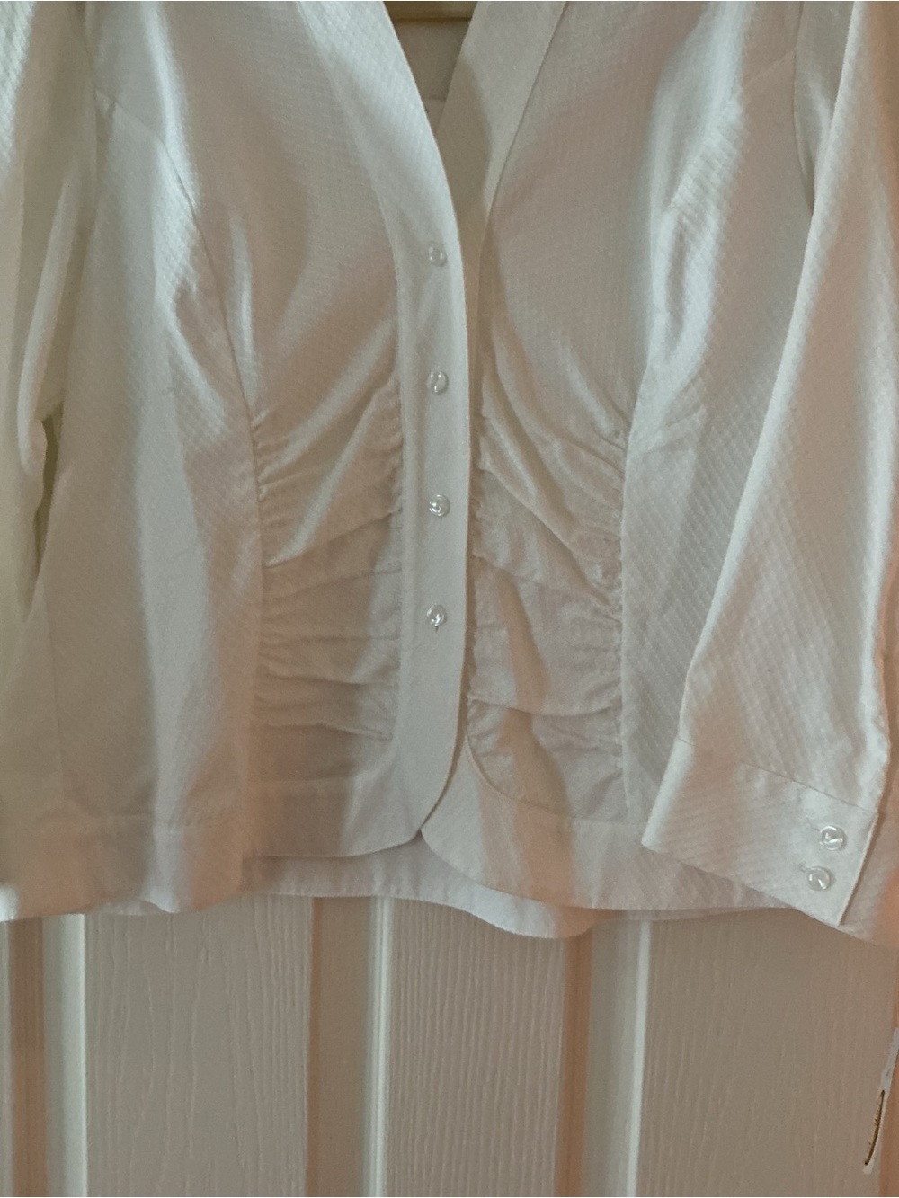 Talbots White Ruched V-Neck Button-Front Shirt - Picture 2 of 5